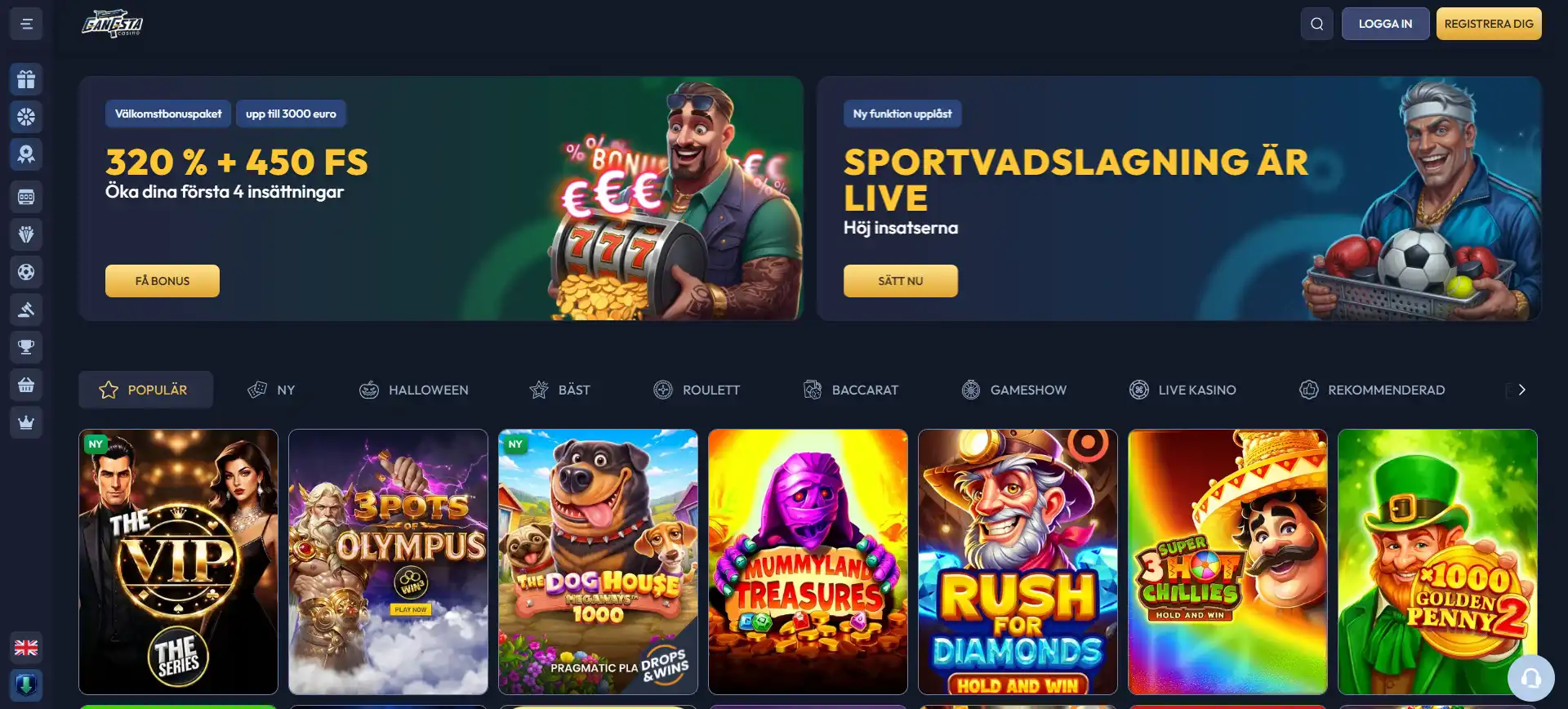 Skärmbild av Gangsta Casinos webbplats i en datorvy