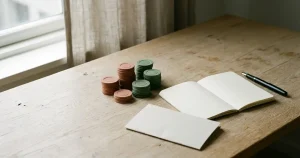 Spelmarker, anteckningsblad och en penna på ett ljust bord