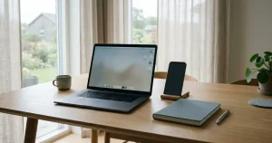 Bärbar dator och mobiltelefon bredvid en stängd anteckningsbok på ljust skrivbord